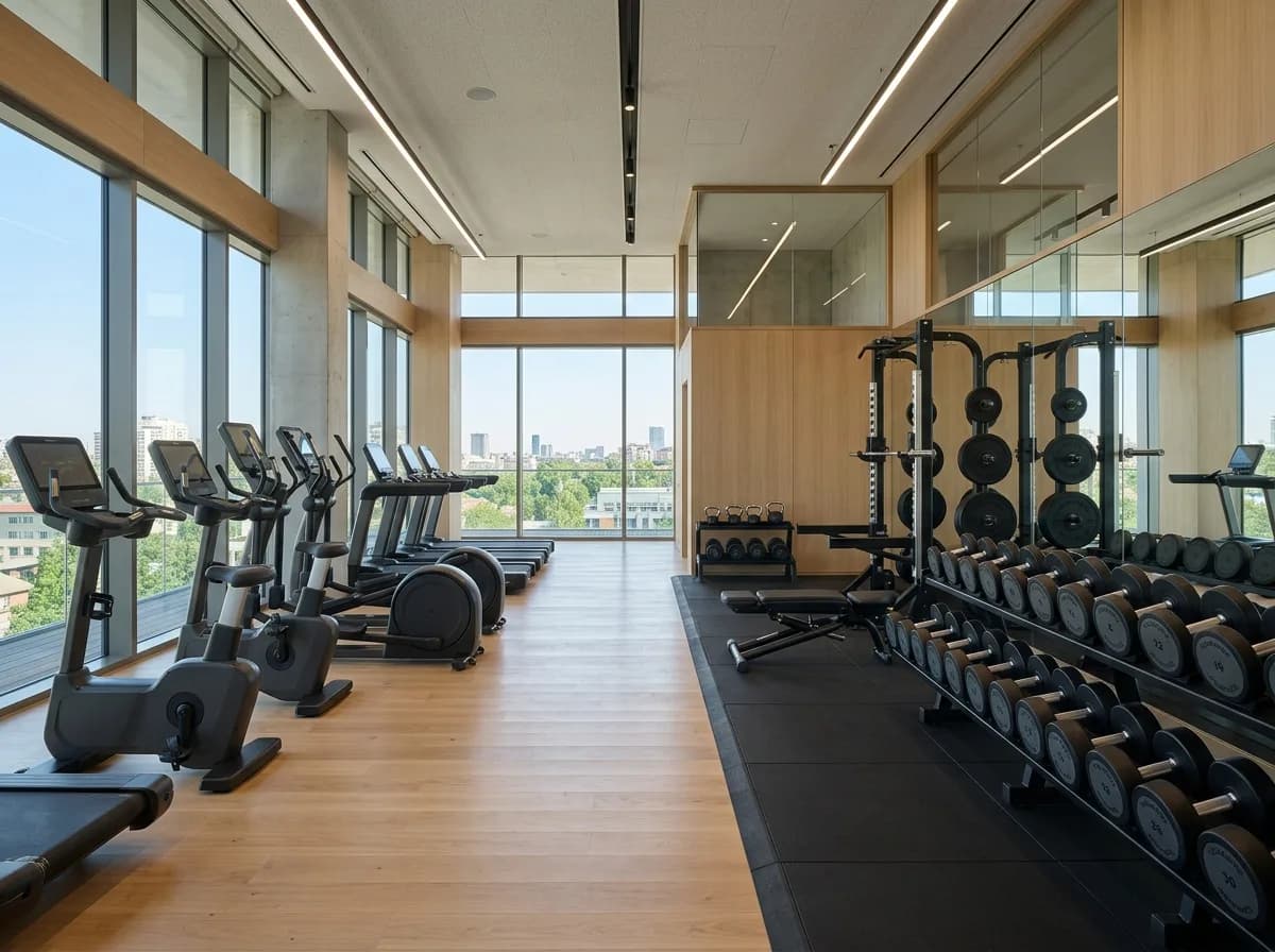 Gimnasio moderno interior con maquinas de cardio y rack de pesas