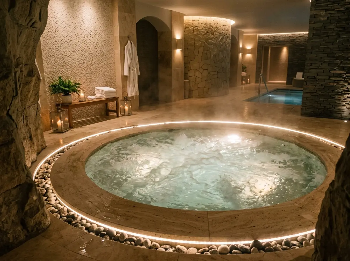 Spa termal con jacuzzi circular, piedra y luz calida