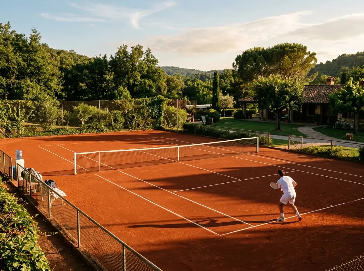 Pista de tenis de tierra batida exterior con cesped y vegetacion