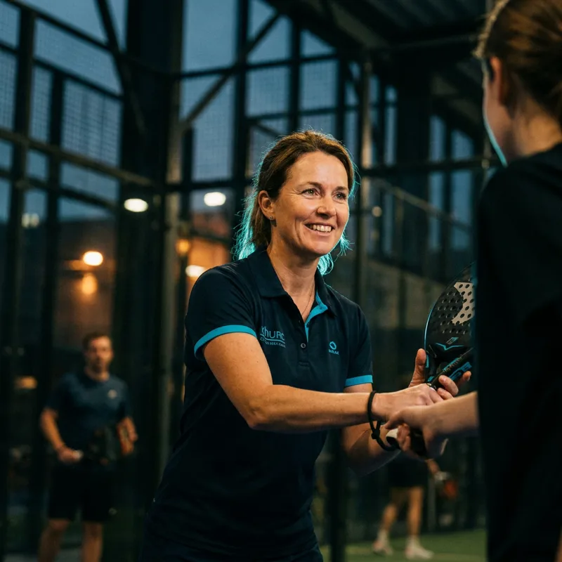 Profesora de la escuela de adultos de Padel & Spa Gorbeia enseñando técnica de agarre