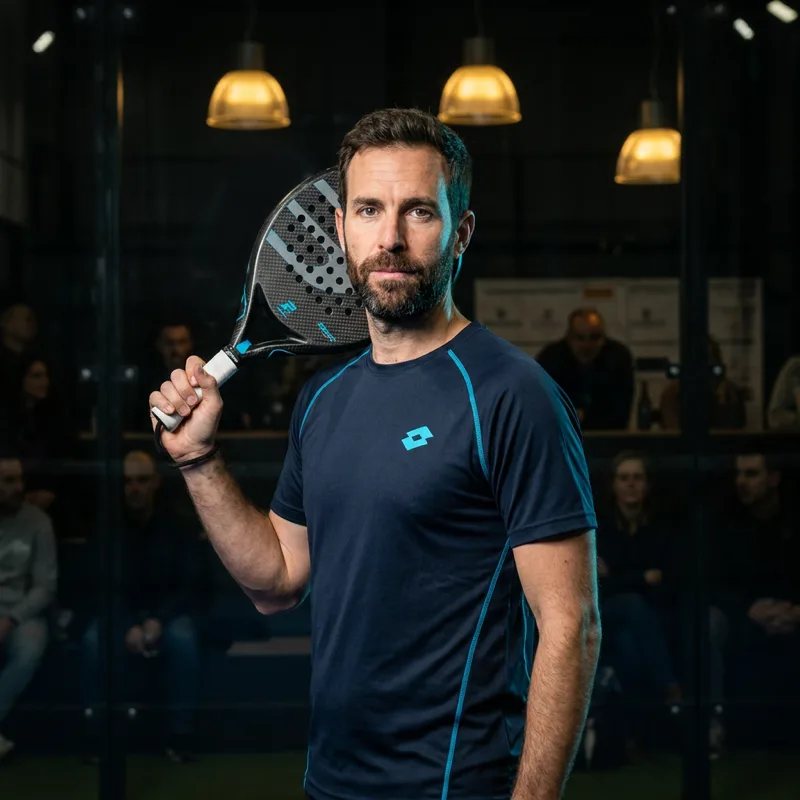 Director técnico de Padel & Spa Gorbeia sosteniendo pala, pista indoor de cristal panorámico