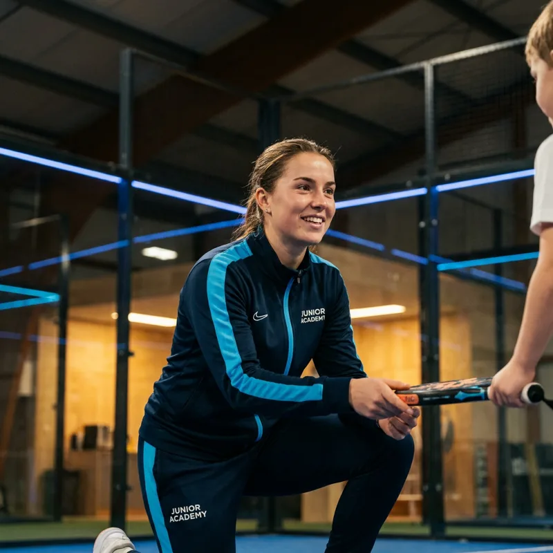 Entrenadora de la escuela junior de Padel & Spa Gorbeia con pala, pista indoor