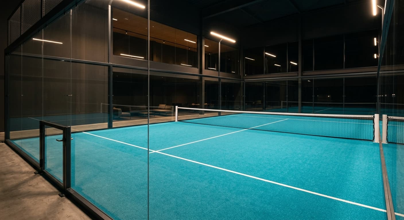 Pista de padel interior vacia con paredes de cristal y cesped azul turquesa