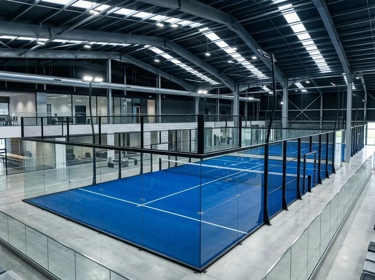 Pista de padel indoor con cesped azul lista para un partido entre amigos