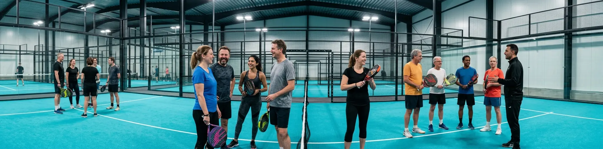 Grupo de jugadores apuntados a una clase de padel con instructor